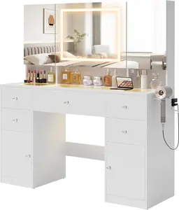 Furmax 47" Vanity Desk with LED Lighted Mirror, Hidden Storage Behind Mirror, 3 Color Lights Makeup Vanity with 5 Drawers & 2 Cabinets, Glass Desktop, Built-in Power Outlet & Hair Dryer Holder, White