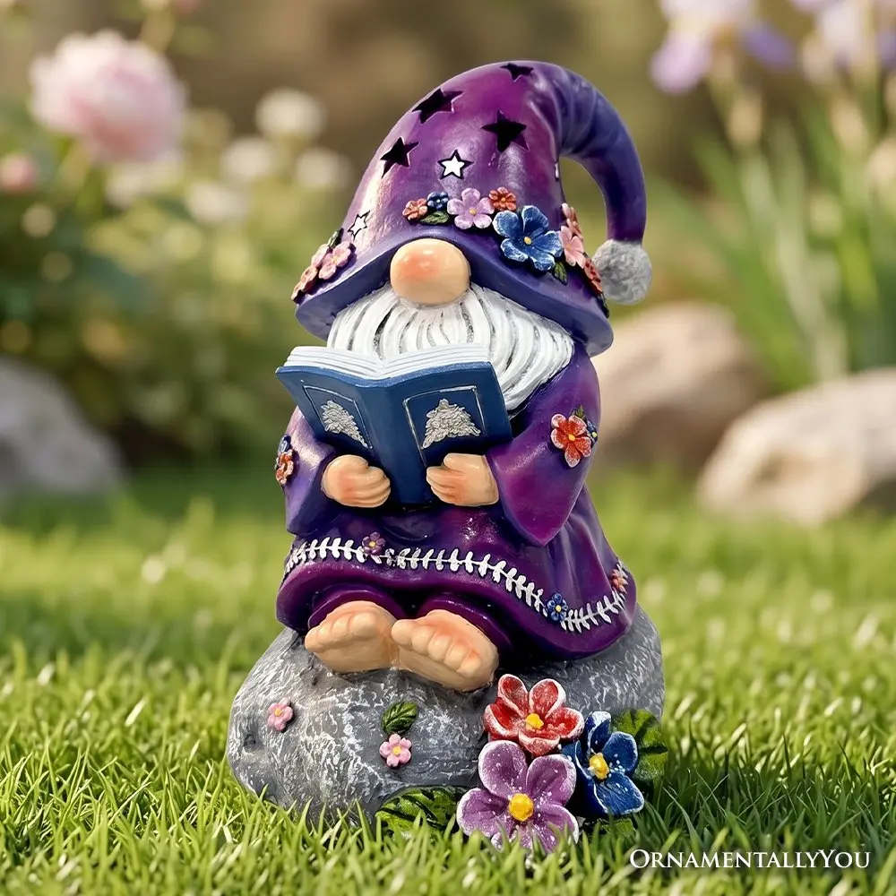 Enchanted Wisdom Solar Book Reader Gnome Figurine, 8" Lighted Lavender Purple Garden Statue