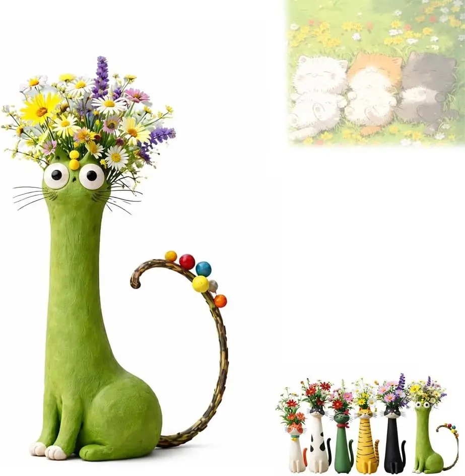 Handcrafted Quirky Whisker-Shaped Cat Vase - Single Unit 0-500 ml Wall-Mountable Cottage Core Wall/Desk Decor, Trippy Mini Flower Vase/Small Planter, Adorable Gifts for Women (Green2)