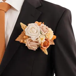 TINGE TIME 1 PCS Groom Boutonniere for Wedding, Luxury Pocket Boutonniere Card Groomsmen Boutonniere Pins for Wedding Ceremony Anniversary, Dinner Party, Prom Flowers (Burnt Orange & Champagne)