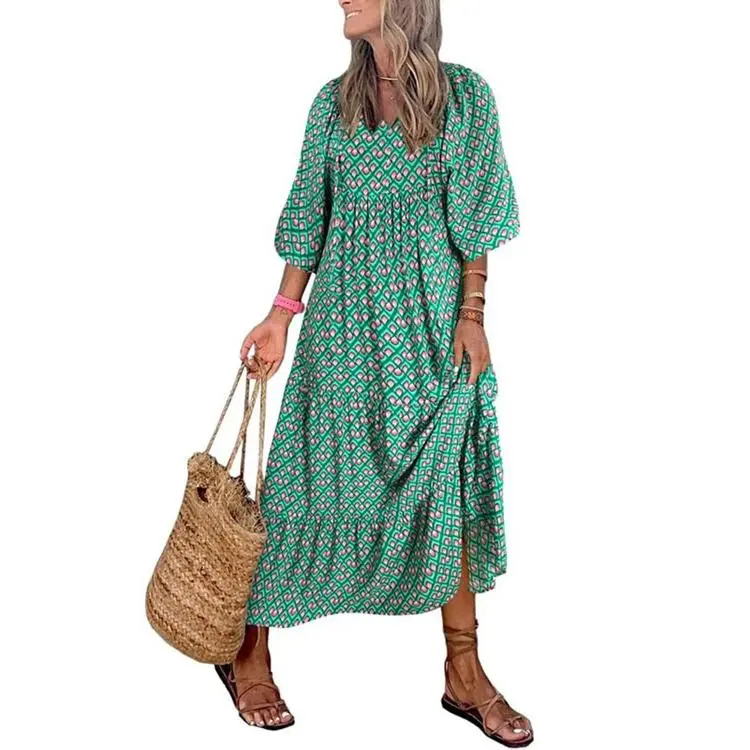Women's Bohemian A-Line Maxi Dress 2026 - Lady's Casual Boho Outfit, V-Neck, Long Puff-Half Sleeves, Smocked, Ruffled, Flowy, Printed - for Daily Use, Dates - TikTok Shop Women's Bohemian A-Line Maxi Dress 2026 - Lady's Casual Boho Outfit, V-Neck, Long Puff-Half Sleeves, Smocked, Ruffled, Flowy, Printed - for Daily Use, Dates - TikTok Shop