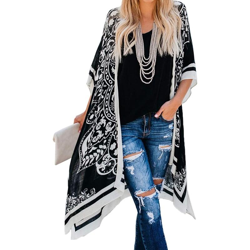 Black and White Kimono Cardigan for Women Lightweight Flowing Open Front Cover Up with Boho Ethnic Print Chic Monochrome Style Ideal for Summer Beach Vacation Cruise Pool Resort Travel Daily Layer for Sun Protection or Casual Outfits Black and White Kimono Cardigan for Women Lightweight Flowing Open Front Cover Up with Boho Ethnic Print Chic Monochrome Style Ideal for Summer Beach Vacation Cruise Pool Resort Travel Daily Layer for Sun Protection or Casual Outfits