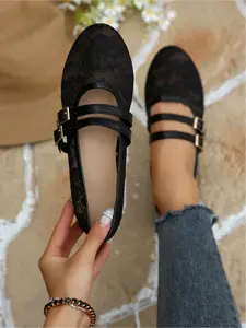 Plus-size women's fashionable spring-summer new round-toe lace mesh breathable double-buckle ballet shoes for casual daily commuting and comfortable everyday wear