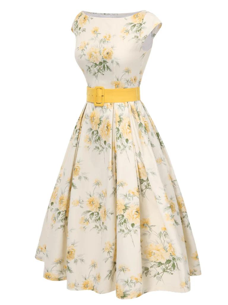 Yellow 1950s Boat Neck Antique Floral Dress Spring Vacation Womenswear Fitted Casual Sleeveless