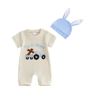 Babamoon Toddler Infant Baby Boy Easter Waffle Jumpsuit Short Sleeve Letter Cross Tractor Embroidery Romper with Hat Summer Clothes 0-18 Months