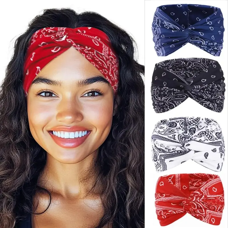 4 paisley patterned wide headbands, cross shaped headbands, and other accessories. Suitable for various hairstyles such as bun, tie, twist, etc. Can be used as a headband, headscarf, suitable for various occasions such as yoga exercise, daily life, etc