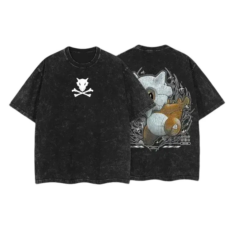 Vintage Cubone Oversized Graphic T-Shirt | Acid Wash Grey Retro Anime Streetwear Tee for Men & Women | Premium Soft Ribbed Round Neck Short Sleeve Top | Y2K Gamer Apparel Everyday Outfit | Pocket Monsters Unisex Casual Wear Trendy Graphic Tee Tops
