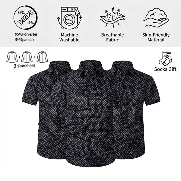 Set of 3 men’s striped shirts; casual everyday breathable short-sleeve stretch button-collar men’s jackets. Long-sleeve shirts for men