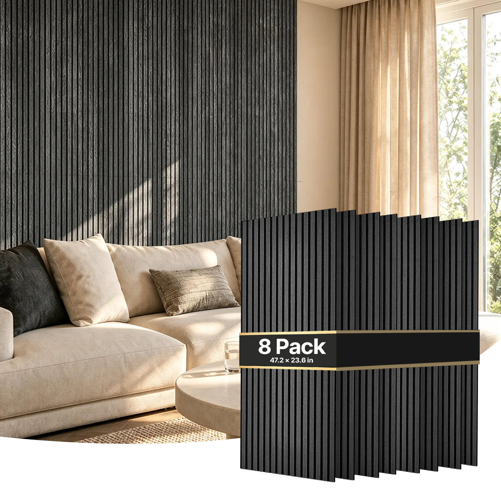 VEVOR Wood Wall Panels, 47.2 x 23.6 in, Acoustic Slat Panels, Black Gray, Sound Absorbing for Living Rooms, Bedrooms, Offices, and Studios, Interior Wall Decor, PET Construction, Screw Kit, 8-Pack
