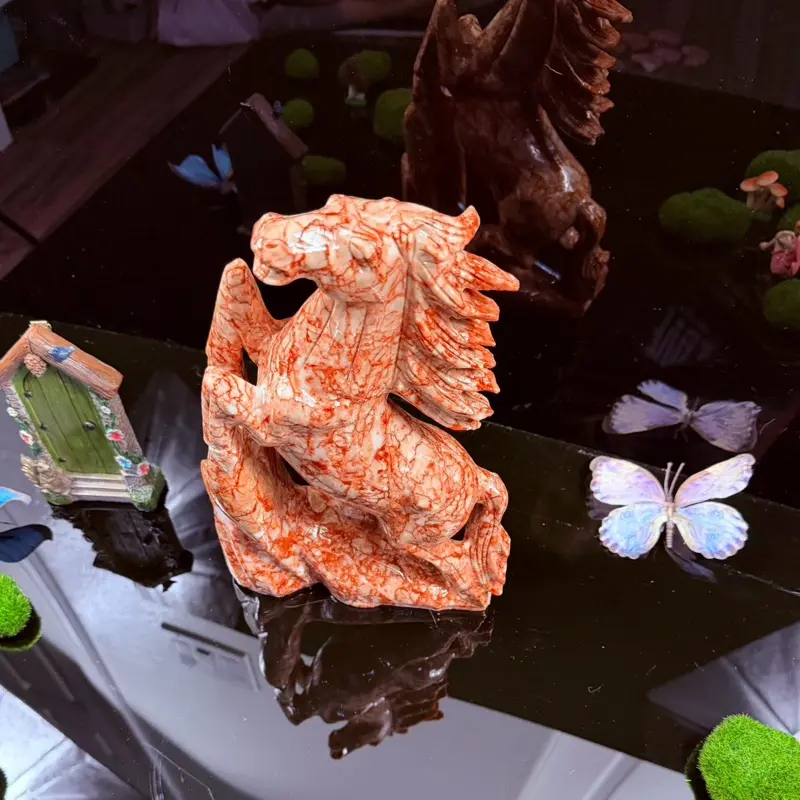 Red Vein Jasper Horse Statue - Natural Stone Sculpture for Home Decor & Collection