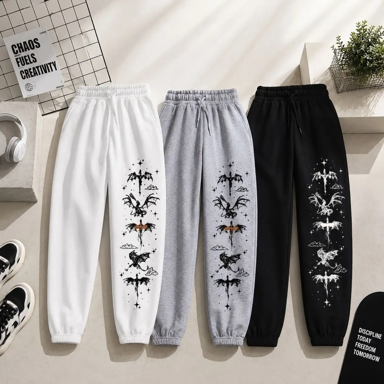 Oversized Men's Streetwear Jogger Pants Dragon Graphic Print Casual Fleece Sweatpants Elastic Waist Loose Fit Athletic Trousers for Running Travel Home and Daily Outfit 0