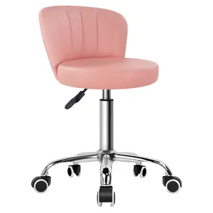 KKTONER Rolling Stool with Backrest Height Adjustable Office Chair PU Leather Swivel Vanity Chair with Wheels (Pink)