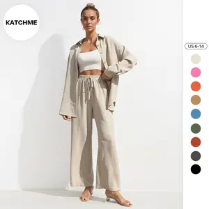 KatchMe Women's Long Sleeve Button-Up Blouse & Wide Leg Trousers Co-ord, Solid Color Soft 2 Piece Set, Versatile Shirt & Lightweight Pants Set
