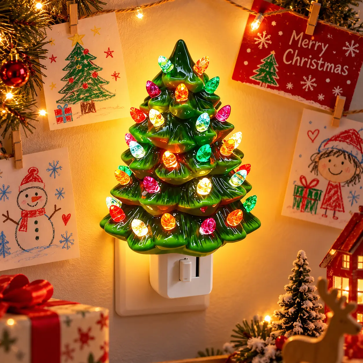 LED Christmas Tree Night Light, Plug in Wall Nightlight with Colorful Bulbs, 360° Rotatable Plug and Convenient On/Off Switch,Christmas Tree Decoration Lamp for Bedroom, Bathroom, Living Room, Holiday Home Decor,Christmas gifts