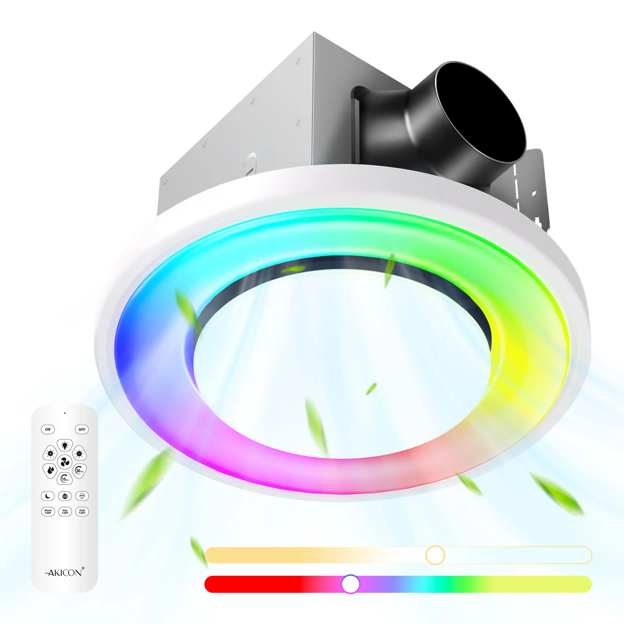 Indoor Compact 120V/60Hz RGB Bathroom Exhaust Fan, 3CCT Color Changing Dimmable LED Light, 110CFM, 1.5 Sones, Nightlight, Remote Control