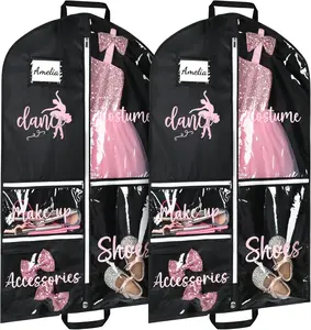 2 Pack Dance Garment Bag for Hanging Clothes with Zipper Pockets Dance Accessories Essentials Uniform Costume 40 Inch Dress Bags for Dance Competition Girls (Black,Pink)