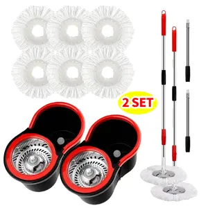 2-Pack | Mop and Bucket Set, 360° Spin Mop and Bucket with Wringer, 6 Microfiber Mop Refills Included, Stainless Steel Extended Handle Spinning Mop System for Floor Cleaning