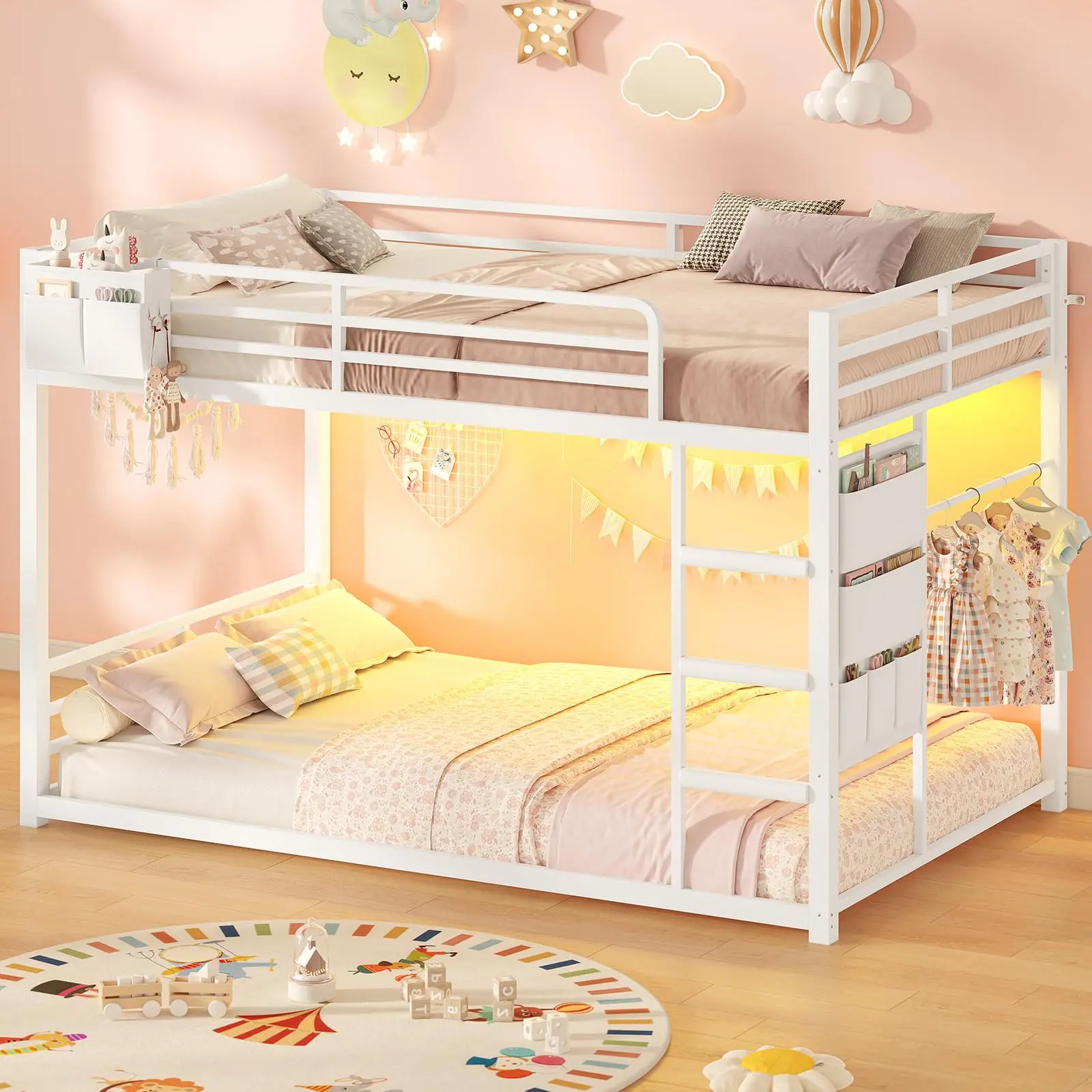 Twin Over Twin Bunk Bed Frame with LED Lights, Metal Loft Bed with 13" Safety Guardrail & 3-Step Ladder, Twin Bunk Bed withS torage organizer & Clothes Rack, Space Saving, White