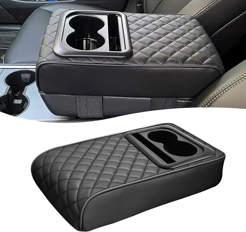 Car Center Console Armrest Pillow, 14"×8.3" Memory Foam Auto Armrest Box Cover with Cup Holder & Phone Holder, Waterproof Leather Arm Rest Protector Cushion, Car Accessories (Diamond Pattern)