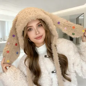 Winter outdoor warm hat for women, plush cartoon cute bunny ear Lei Feng hat, cold protection ear-covering knitted pullover hat