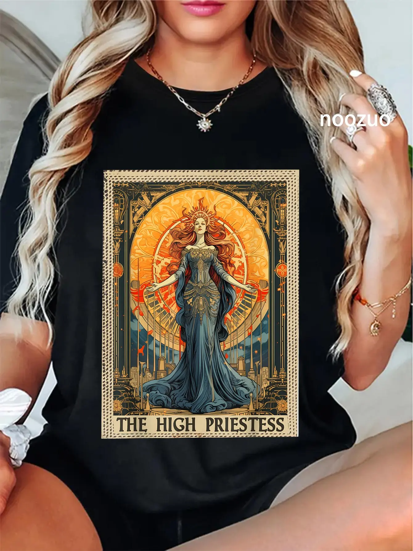 100% Cotton Unisex FoolsFate Women's Occult Tarot Card Priestess Graphic T-Shirt Black Casual Top