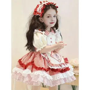 Girls' Red Plaid Party Dress with Ruffled Short Sleeves & Layered Skirt - A-Line Knee-Length Birthday & Everyday Dress with Belt, Flared Hem & Bow Accent - Lightweight Outfit Pageants, Performances - Non-Stretch (Girls 4-12 Years) - Cute