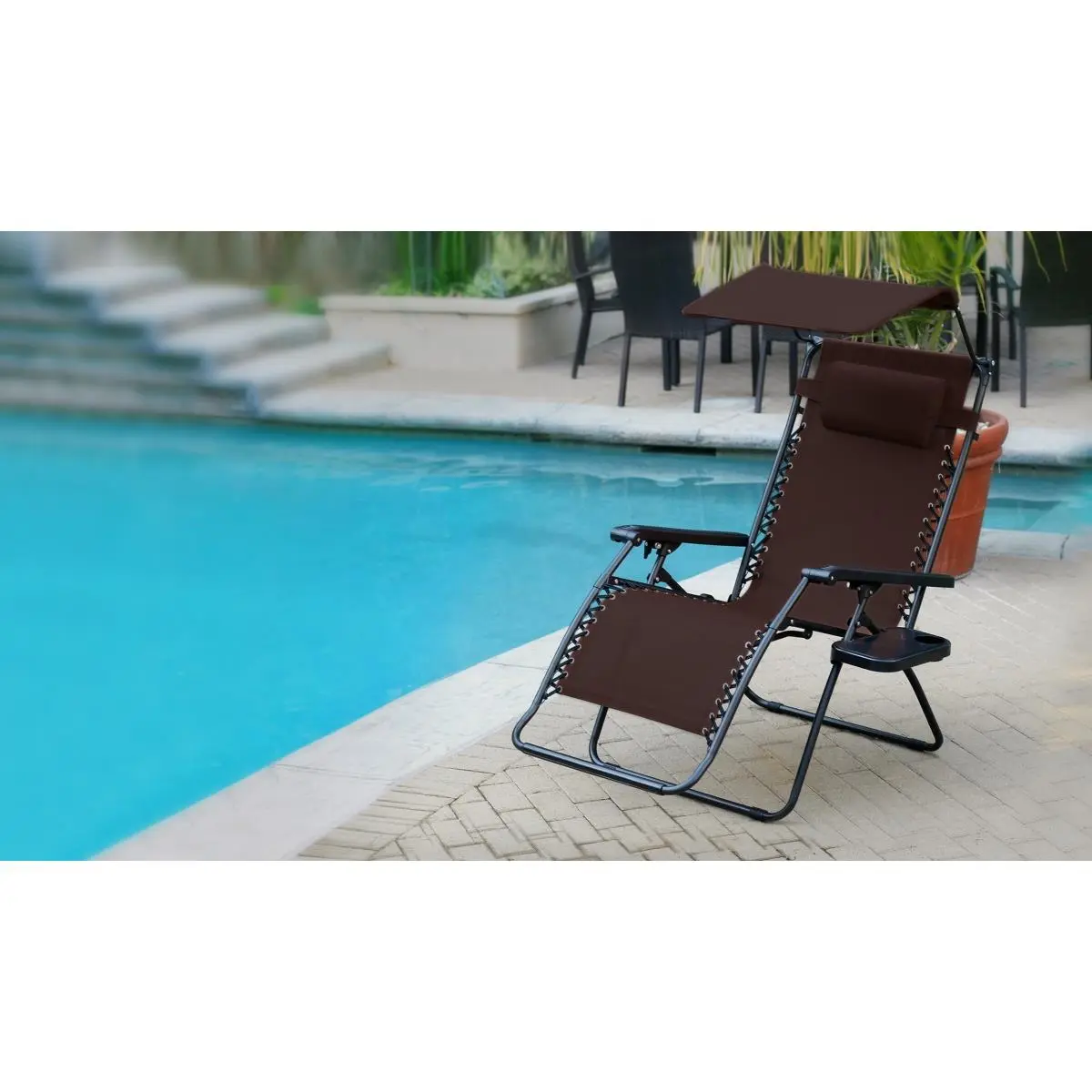 Jeco Oversized Olefin Zero Gravity Outdoor Lounge Chair - Foldable Beach Chair Lounger with Sunshade and Drink Tray, Mocha, Foldable Beach Chair Loungers