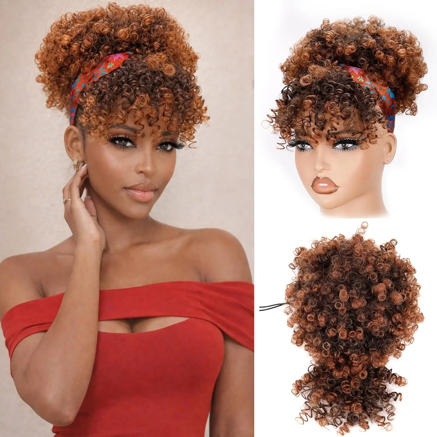 Drawstring Ponytail for Black Women, T30 Afro Puff Kinky Curly Hair Ponytail Extension with Bangs Middle Brown Black Updo Natural Hair Ponytail Heat Friendly Synthetic Convenient Wigs