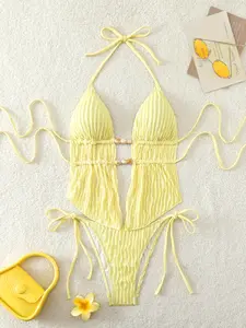 Women's Sexy Deep V Backless Bikini Set, High-Quality Beachwear Swimwear, Perfect for Summer Pool & Beach Activities
