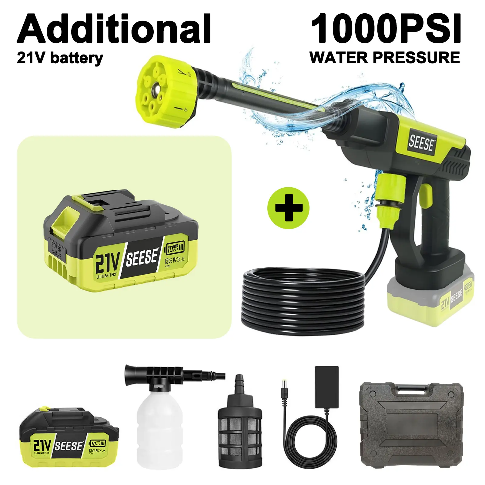 SEESE Cordless Power Washer Kit with Extra 21V Lithium Battery & Portable Car Washing Machine | Battery Powered Pressure Washer Combo for Vehicle Cleaning, Home Use, Garden Care & Outdoor Tasks