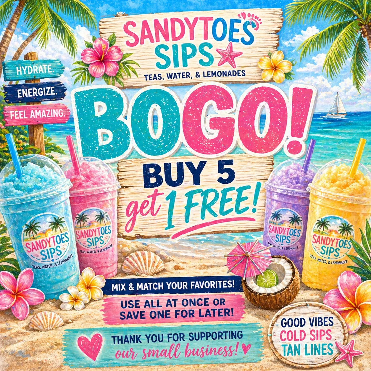 SandyToes Sips BOGO Sugar-Free Loaded Tea Packets - Collagen-Infused Beverage Bundle with Berry Aloe Loaded Water, Lemonade
