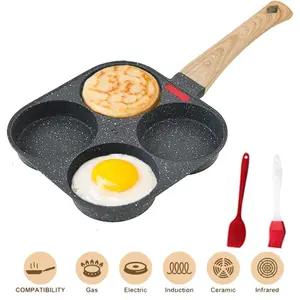 4-Hole Egg Frying Pan Nonstick Granite Skillet, Dual-Use Lid for Camping Picnic, Temperature-Sensitive Silicone Strip, Bakelite Handle, Compatible with Induction Gas Ceramic Cookers