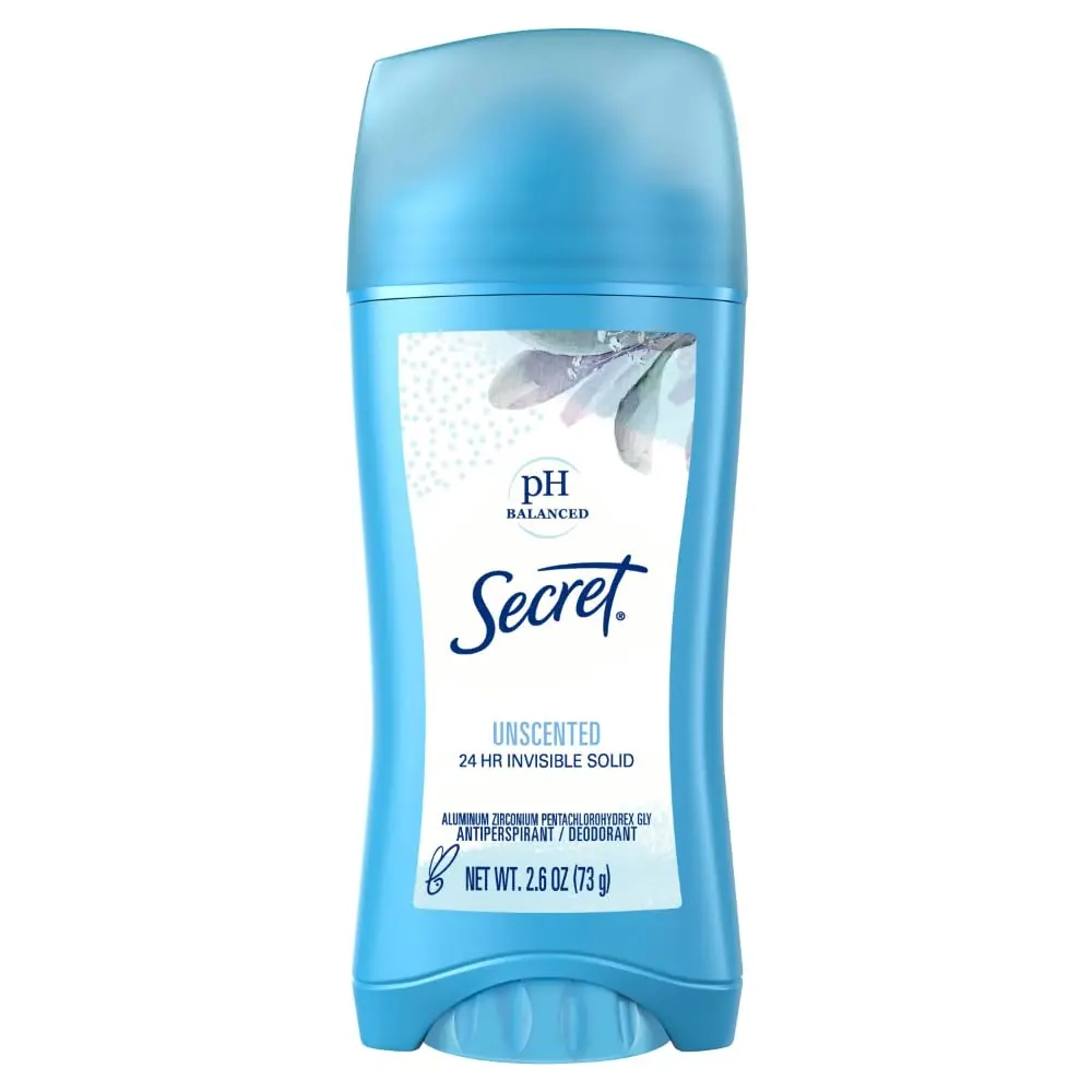 Secret Antiperspirant and Deodorant for Women, 24hr Sweat & Odor Protection, PH Balanced Protection, Gentle on Skin, Invisible Solid, Unscented, 2.6 oz