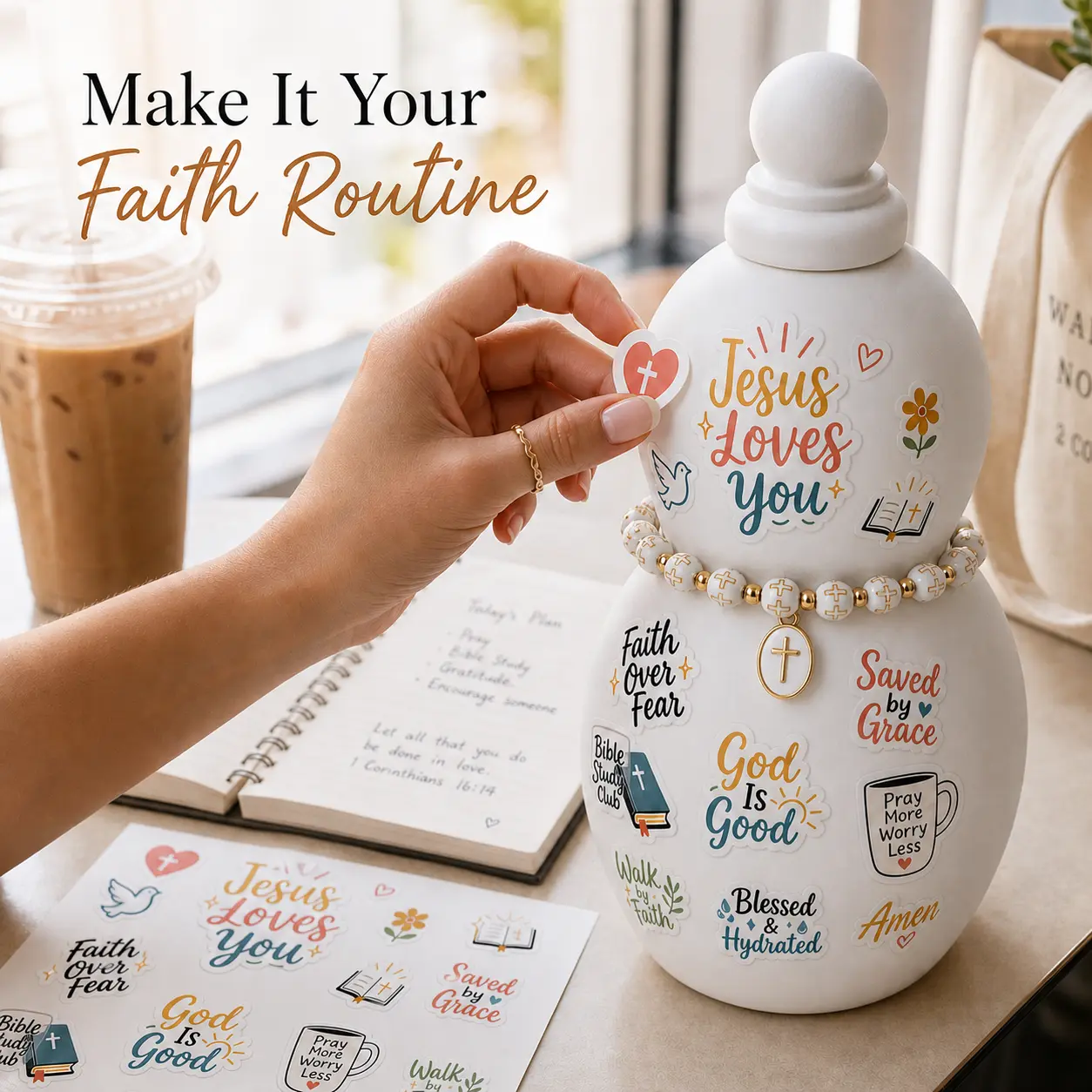Jesus Loves You Everyday 28 oz Faith Water Bottle Set, BPA-Free Tritan Gourd Bottle with Christian Stickers, Matching Carry Rope & Faith Bracelet