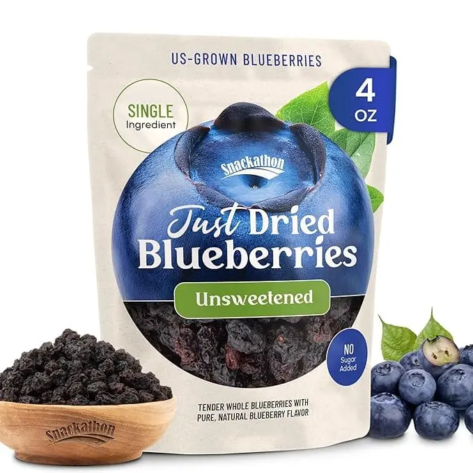 Snackathon Unsweetened Dried Blueberries, No Sugar Added, Just 100% Sun-Dried California Whole Berries, All Natural, Non-GMO, No Oils, Resealable Bag, Dried Fruit for Baking & Snacking