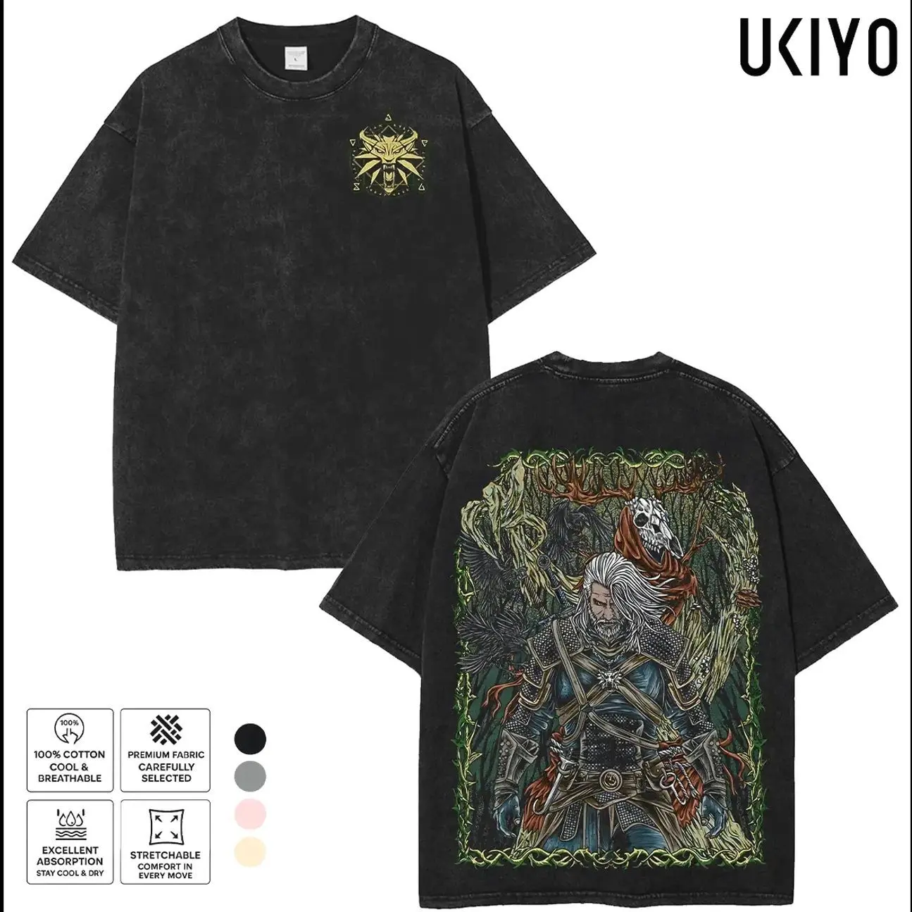 The Witcher Geralt of Rivia Printed Unisex Washed T-Shirt Vintage Graphic Tee Oversized Streetwear T Shirt for Men Women Gaming Merchandise Tops Casual 2LW