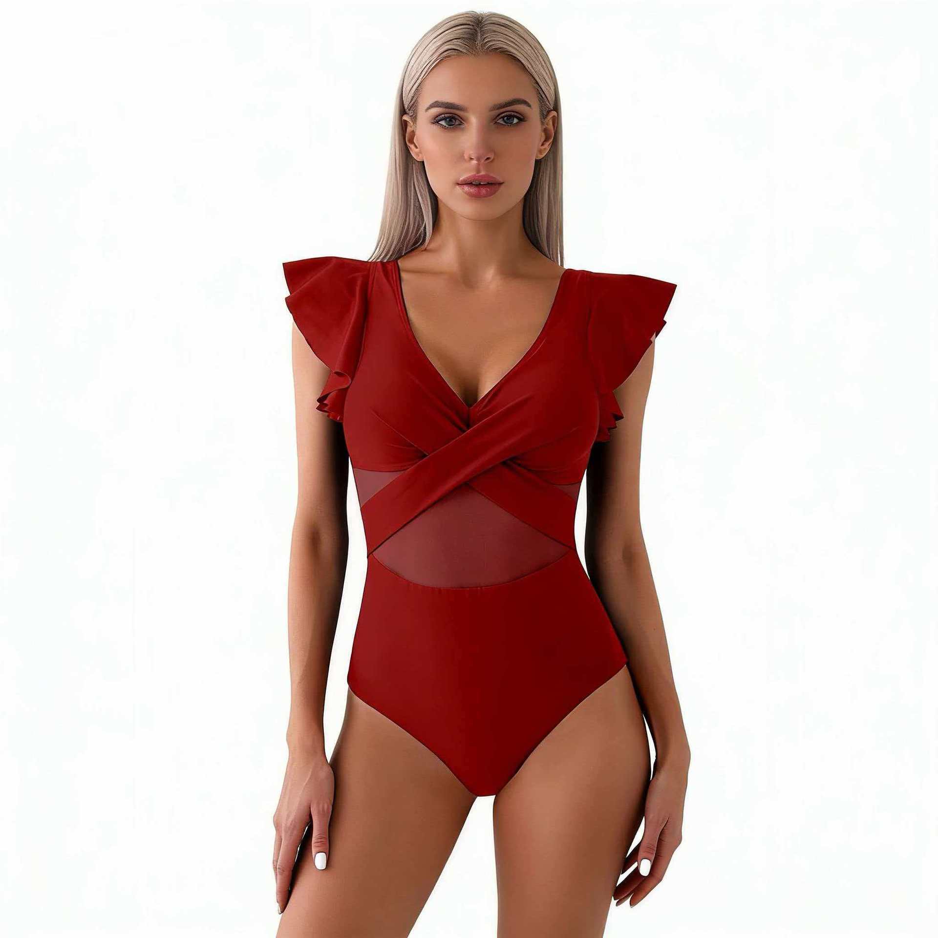 New European and American style swimsuit, mesh bikini, women's quick-dry sports one-piece swimsuit