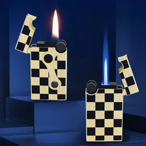 Hot Checkerboard Pattern Double Jet Igniter, Refillable Windproof Torch with Visible Fuel Window, Compact Practical Gear for Outdoor Camping & BBQ Activities, Popular Daily EDC, No Fuel Included.