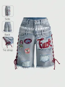 Women Punk Style Vintage Denim Shorts, High Waist Ripped Embroidery Drawstring Design, Casual Knee-Length Pants for Daily Wear and Parties