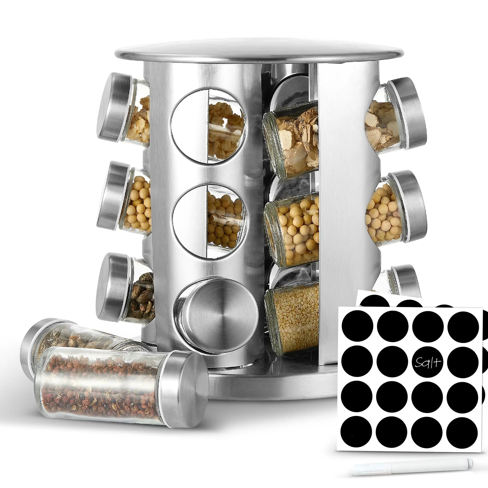 Rotating Spice Rack for Countertop with 12/20 Jars, Stainless Steel Revolving Storage Organizer for Spices and Seasonings, plus Dry Erase Marker and a label
