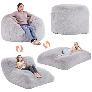 VEVOR Bean Bag Bed Chair, Convertible Chair from BeanBag to Lounge or Mattress, Gaint Bean Bag Chair Bed with Washable Cover for Adults, Fluffy Plush, Foam Filling and Side Pocket, Grey(Full Size)