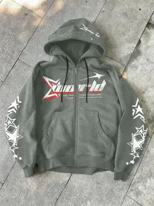 Trendy Y2K Print Fitted Zip-Up Hoodie, Street Style Long Sleeve Hooded Sweatshirt with Star & World Geometric Pattern, Casual Daily Wear, Graphic Hoodies, Casual Street Fashion