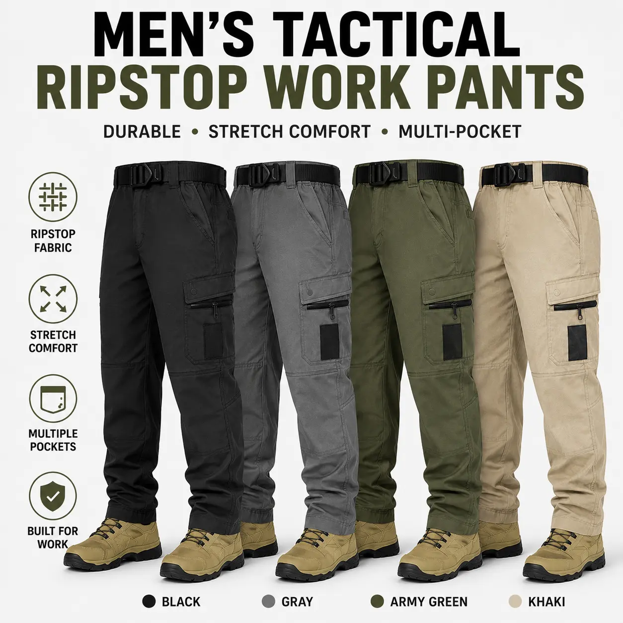 Men’s Tactical Ripstop Work Pants | Stretch Cargo Pants | Multi-Pocket Utility Workwear for Construction, Hiking & Outdoor