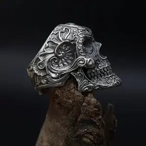 Vintage Men Skull Ring, Gothic Punk Skull Ring, Motorbike Ring, Baroque Patterned Ring, Hiphop Rock Biker Ring, Unique Mens Ring, Cool Halloween Gift