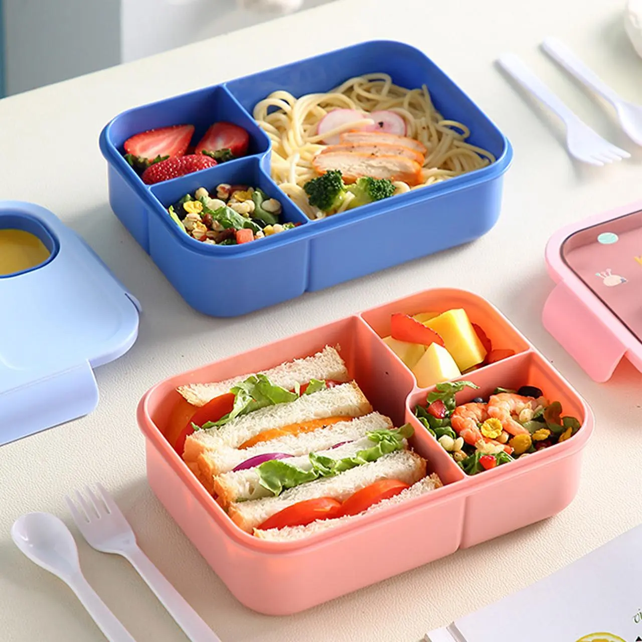 Cute Cartoon Student Lunch Box with Dividers, Large Capacity with Dip Box, Microwave Safe Bento Box for School & Work