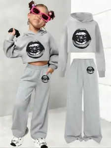 Girls' Spring & Fall Streetwear Matching Set, Outfit, Hip-Hop Lip Print Hoodie + Wide Leg Pants, Fashionable, Fitted, Casual Style, No Glasses Included