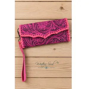 Piper Tooled Leather Wallet Wristlet Pink