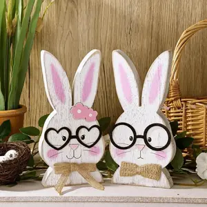 Easter Bunny Decor Set, Vintage Wooden Rabbit Couple Ornament, Cute Glasses Bunny for Home Office Fireplace Mantel Gift