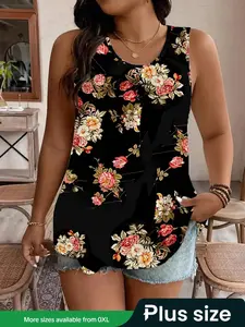 【Plus Size】 Floral Print Round Neck Tank Top, Boho Casual Sleeveless Top for Summer, Women's Plus Clothing for Daily Wear, Womenswear