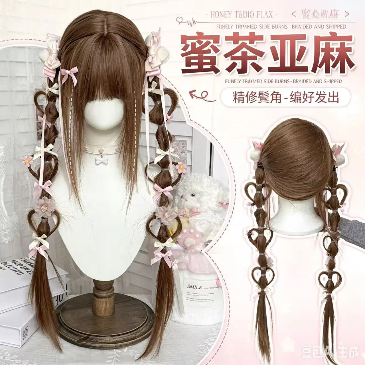 [Love Wave] Women's Synthetic Full Machine Wig - Artificial Long Straight Hair with Finely Trimmed Sideburns, Lolita Heart-Shaped Double Ponytails for Cosplay, Artificial Long Synthetic Full Machine Wigs